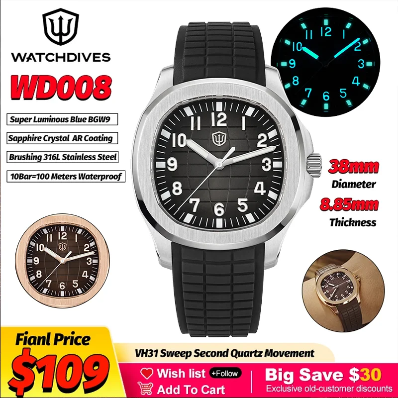 Watchdives WD008 38Mm Black Quartz Watches VH31 Sweep Second Movement Sapphire BGW9 FKM Strap 10Bar Waterproof Dive Wrist Watch
Watchdives WD008 38Mm Black Quartz Watches VH31 Sweep Second Movement Sapphire BGW9 FKM Strap 10Bar Waterproof Dive Wrist Watch