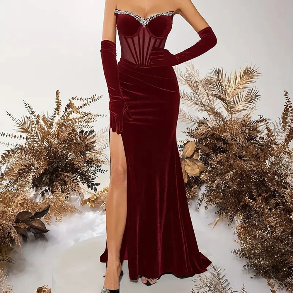 Customized Mermaid Evening Dresses Floor-length Strapless Three Quarter Sleeve Prom Gown Fashion Crystal Side-split Party Gown
Customized Mermaid Evening Dresses Floor-length Strapless Three Quarter Sleeve Prom Gown Fashion Crystal Side-split Party Gown