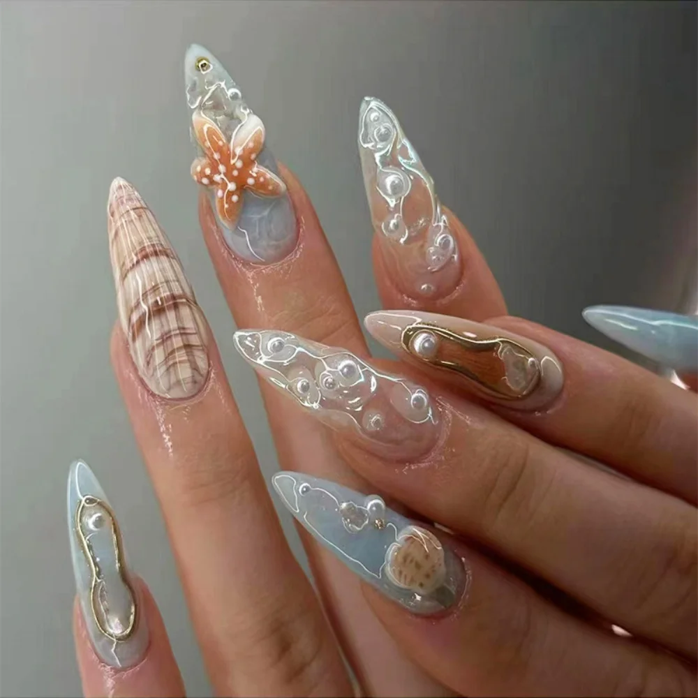 24pcs Wearable Almond False Nails Blue Long Stilettos Press on Nails Art Pearl Seashell Design Stick on Manicure Fake Nail Tips
24pcs Wearable Almond False Nails Blue Long Stilettos Press on Nails Art Pearl Seashell Design Stick on Manicure Fake Nail Tips