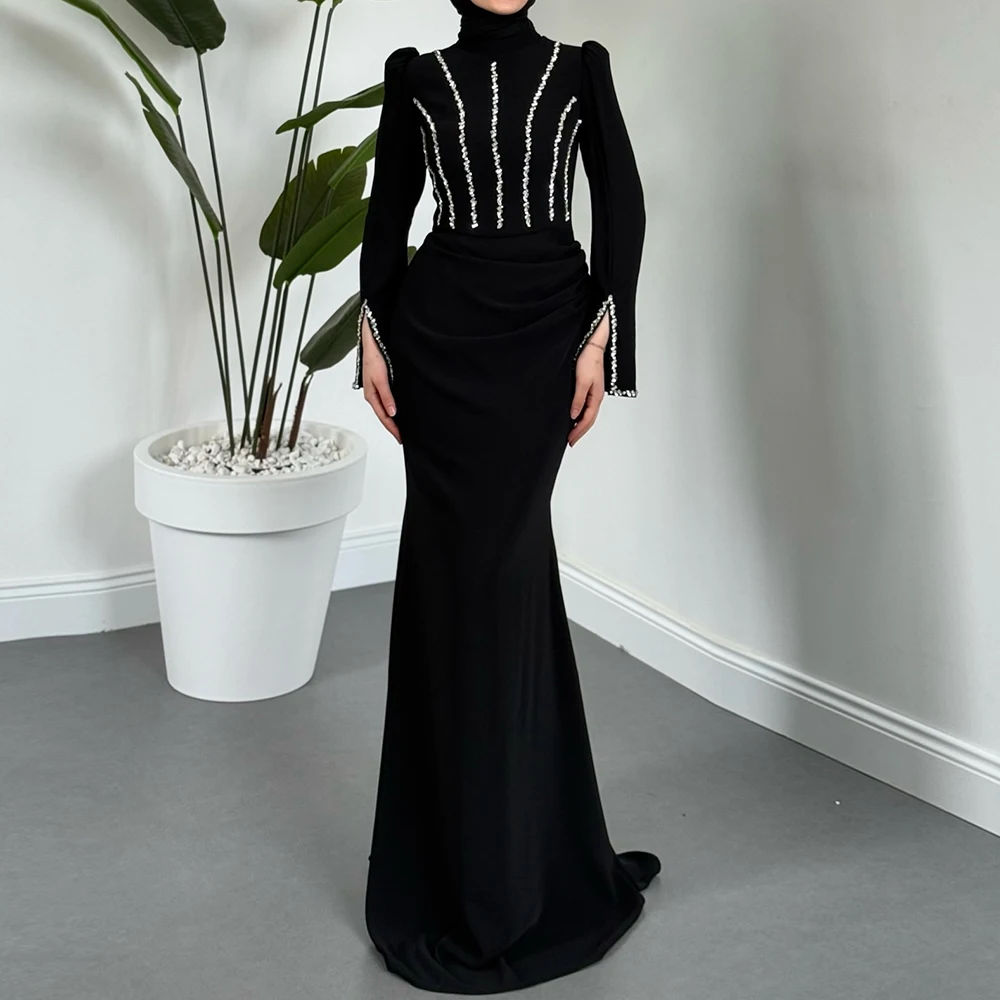 Women's A-line Evening Dresses Floor-length High-neck Full Sleeve Prom Gown Fashion Crystal Simple Draped Customized Gowns
Women's A-line Evening Dresses Floor-length High-neck Full Sleeve Prom Gown Fashion Crystal Simple Draped Customized Gowns