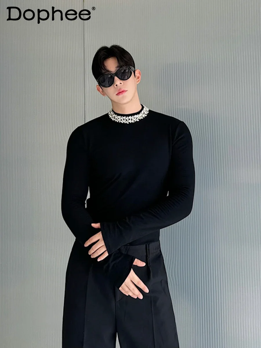 2024 Autumn Winter New Long-sleeve T-shirt Men's Slim Bright Bead Diamond Small Stand Collar Solid Color Elastic Bottoming Shirt
2024 Autumn Winter New Long-sleeve T-shirt Men's Slim Bright Bead Diamond Small Stand Collar Solid Color Elastic Bottoming Shirt