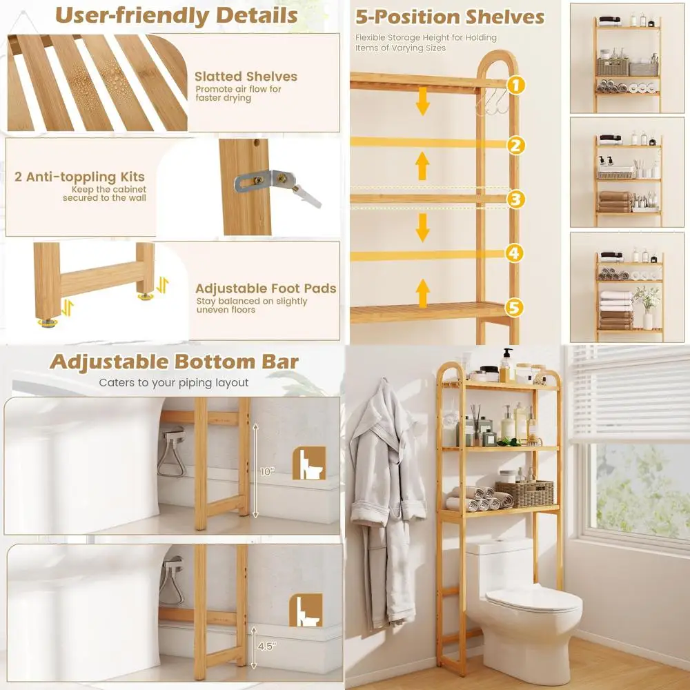 Трехуровневая регулируемая полка для хранения над унитазом с 5-позиционными полками, крючками и нижней перекладиной, ширина 28,5 дюймов, экономия пространства
Трехуровневая регулируемая полка для хранения над унитазом с 5-позиционными полками, крючками и нижней перекладиной, ширина 28,5 дюймов, экономия пространства