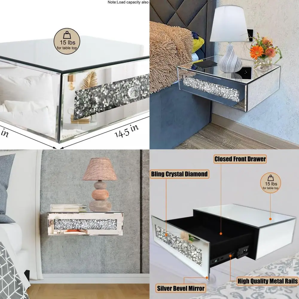 Гламурная настенная тумбочка из серебряного стекла с выдвижным ящиком, хрустальные акценты, идеально подходит для спален и небольших помещений, 14,5x11,5x4,5
Гламурная настенная тумбочка из серебряного стекла с выдвижным ящиком, хрустальные акценты, идеально подходит для спален и небольших помещений, 14,5x11,5x4,5