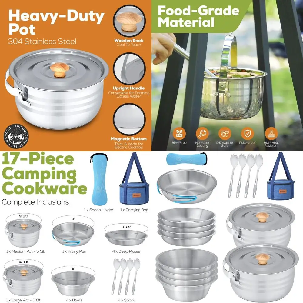 Compact 17-Piece Stainless Steel Camping Cookware & Dinnerware Set with Plates, Bowls, and Sporks in Travel Bag for Outdoor Adve
Compact 17-Piece Stainless Steel Camping Cookware & Dinnerware Set with Plates, Bowls, and Sporks in Travel Bag for Outdoor Adve