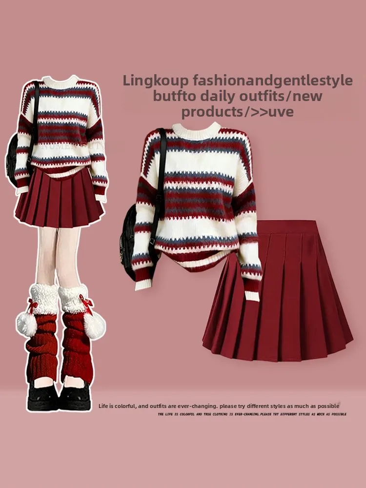 Anti-Aging Autumn Winter Set Women's Preppy Striped Knit Sweater with Red Slimming Pleated Skirt Two-Piece Set Casual Sle
Anti-Aging Autumn Winter Set Women's Preppy Striped Knit Sweater with Red Slimming Pleated Skirt Two-Piece Set Casual Sle