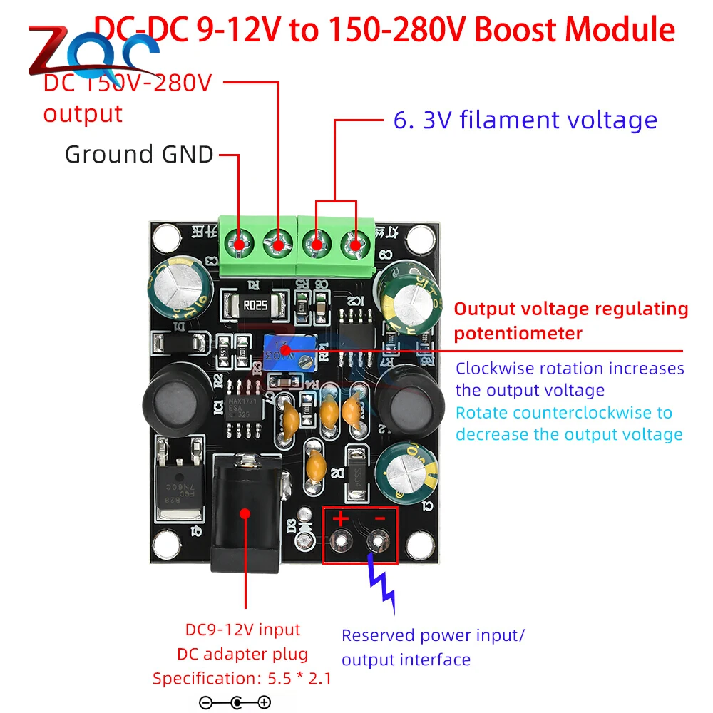 Glow Tube Booster Boost Converter DC9-12V to 150-280V High Voltage Power Drive Board 6E1 6E2 6E5 Power Module DC 5.5*2.1
Glow Tube Booster Boost Converter DC9-12V to 150-280V High Voltage Power Drive Board 6E1 6E2 6E5 Power Module DC 5.5*2.1