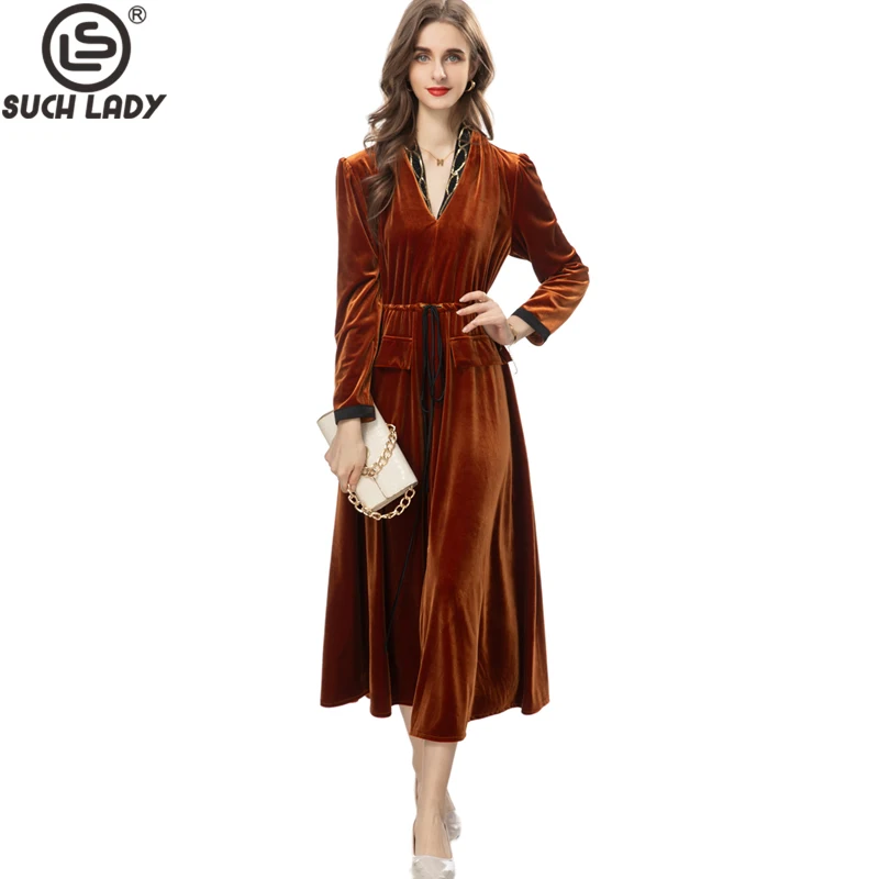Women's Runway Dresses Sexy V Neck Long Sleeves Printed Collar Fashion Velvet Mid Vestidos
Women's Runway Dresses Sexy V Neck Long Sleeves Printed Collar Fashion Velvet Mid Vestidos