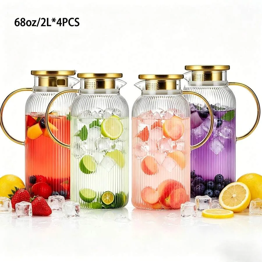 TUMATICLY 8PCS Glass Pitcher With Lid 4 Pitchers 4 Lids,68oz/2L Classic Vertical Stripe Pitcher, Large Golug, Suitable For Cold
TUMATICLY 8PCS Glass Pitcher With Lid 4 Pitchers 4 Lids,68oz/2L Classic Vertical Stripe Pitcher, Large Golug, Suitable For Cold