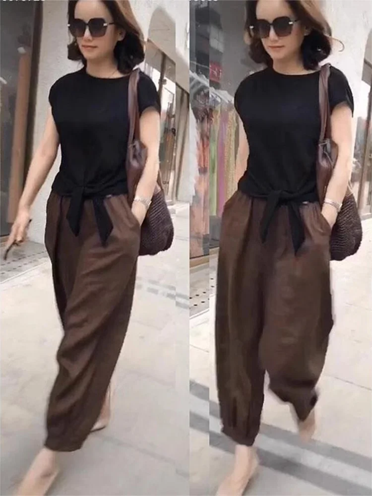 Casual Cotton Linen Short Sleeve T-Shirt Women's Harem Pants Set Summer New plus Size Slim Wide Leg Fashionable Two Piece Set
Casual Cotton Linen Short Sleeve T-Shirt Women's Harem Pants Set Summer New plus Size Slim Wide Leg Fashionable Two Piece Set