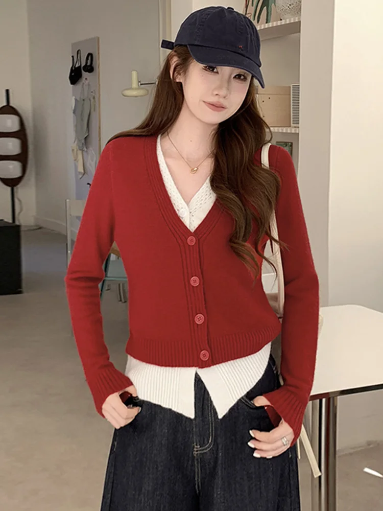 Красный вязаный свитер с длинными рукавами и V-образным вырезом, имитация двухслойности, женская весенняя модная верхняя одежда, топ из мягкого полиэфирного волокна
Красный вязаный свитер с длинными рукавами и V-образным вырезом, имитация двухслойности, женская весенняя модная верхняя одежда, топ из мягкого полиэфирного волокна