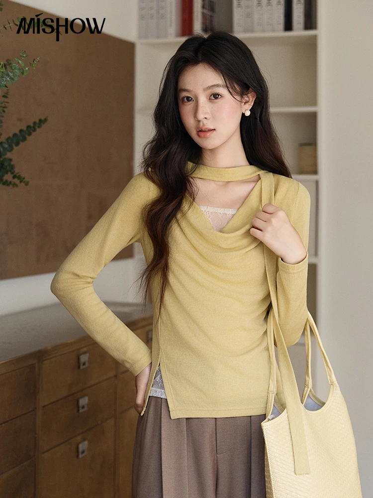 MISHOW Women's Yellow Splicing Lace Long Sleeve Knitted Top Spring Ribbon Draped Collar Casual Slim Thin Sweater MXF108Z1030
MISHOW Women's Yellow Splicing Lace Long Sleeve Knitted Top Spring Ribbon Draped Collar Casual Slim Thin Sweater MXF108Z1030