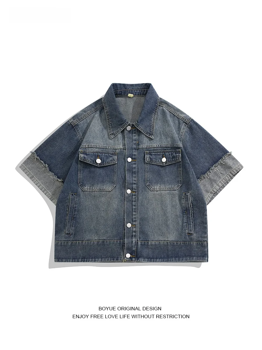 Boyue Retro Design Denim ort Sve irt Jaet Splice Fake Two-Piece Top for Men And Women Trendy Summer Casual Wear
Boyue Retro Design Denim ort Sve irt Jaet Splice Fake Two-Piece Top for Men And Women Trendy Summer Casual Wear