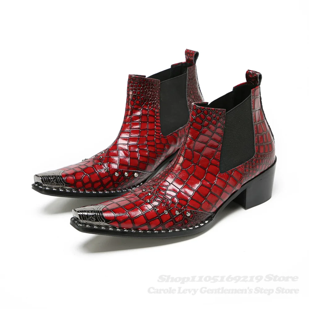 Sharp Pointed Toe Red Ankle Short Boots British Men Trendy Chunky Heel Iron Metal Toe Slip On Rivets Decor High Top Boots
Sharp Pointed Toe Red Ankle Short Boots British Men Trendy Chunky Heel Iron Metal Toe Slip On Rivets Decor High Top Boots