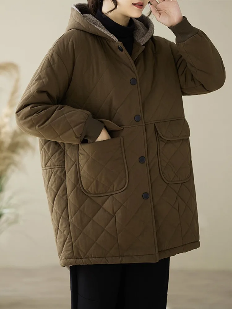 Thickened Fleece Women's Cotton Jacket Winter Coat with Hat Diamond Pattern Large Size Sheepskin Vestored Outerwear
Thickened Fleece Women's Cotton Jacket Winter Coat with Hat Diamond Pattern Large Size Sheepskin Vestored Outerwear