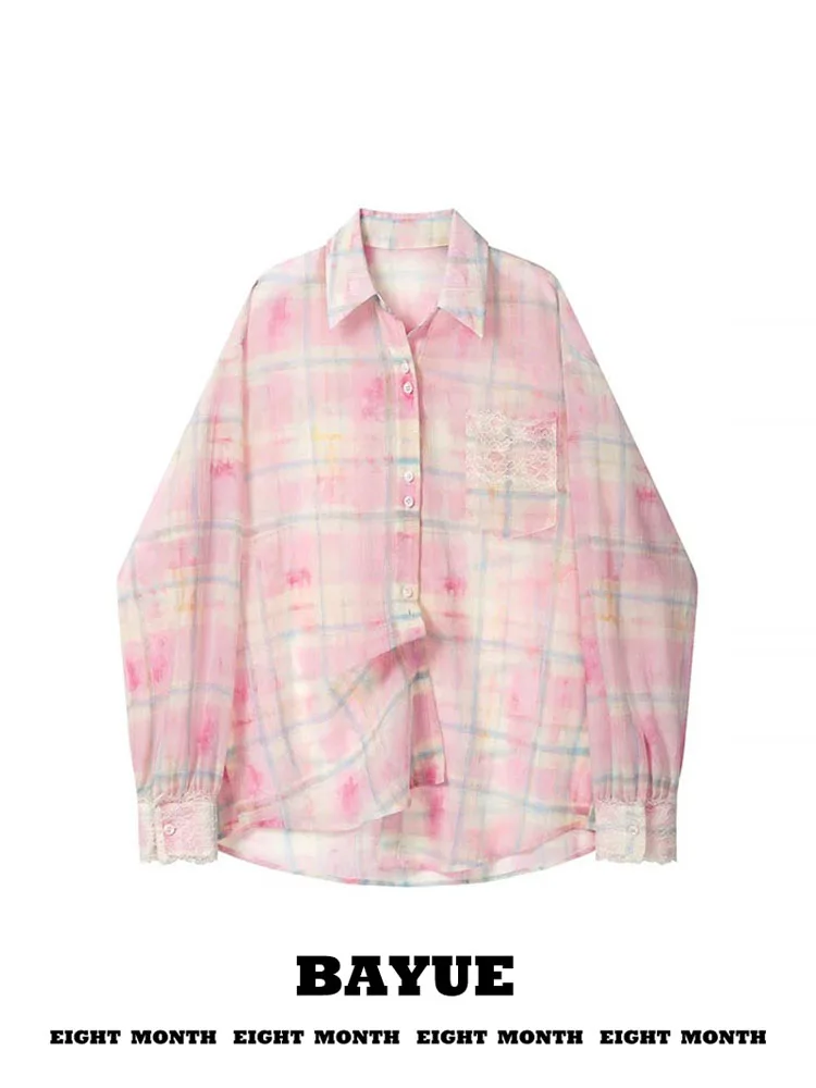 Pink Plaid Tie Dye Long Sleeve Women's Early Autumn Thin Shirt Jacket Lazy Style Loose Lace Top Collar Open Cardigan
Pink Plaid Tie Dye Long Sleeve Women's Early Autumn Thin Shirt Jacket Lazy Style Loose Lace Top Collar Open Cardigan
