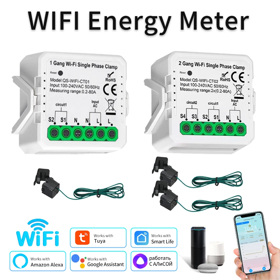 Tuya Smart WiFi счетчик энергии 1CH 2CH 80A датчик трансформатора тока фазовый зажим Smart Life приложение удаленный монитор мощности AC110V-240V
Tuya Smart WiFi счетчик энергии 1CH 2CH 80A датчик трансформатора тока фазовый зажим Smart Life приложение удаленный монитор мощности AC110V-240V