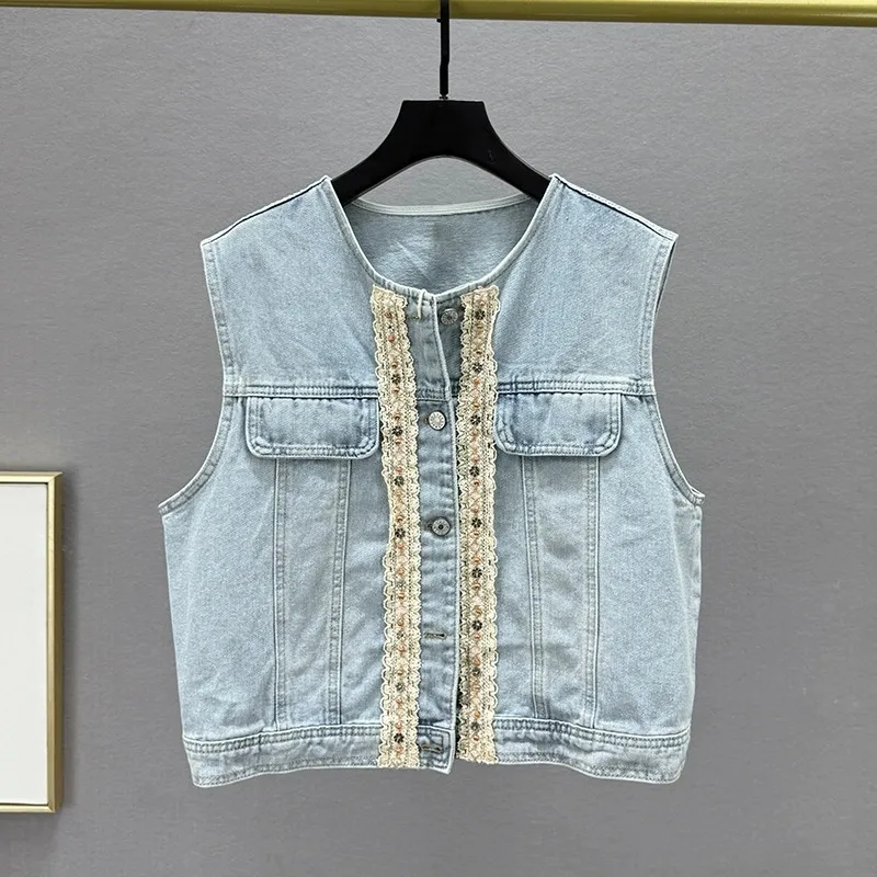 Heavy Work Beaded Lace Patchwork Blue Short Denim Vest Summer New Women Round Neck Single-Breasted Sleeveless Cowboy Waistcoat
Heavy Work Beaded Lace Patchwork Blue Short Denim Vest Summer New Women Round Neck Single-Breasted Sleeveless Cowboy Waistcoat