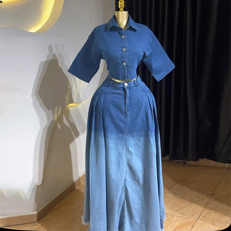 Fashion lapel denim short top high waist skirt suit simple and versatile temperament elegant vacation style high-end dress
Fashion lapel denim short top high waist skirt suit simple and versatile temperament elegant vacation style high-end dress