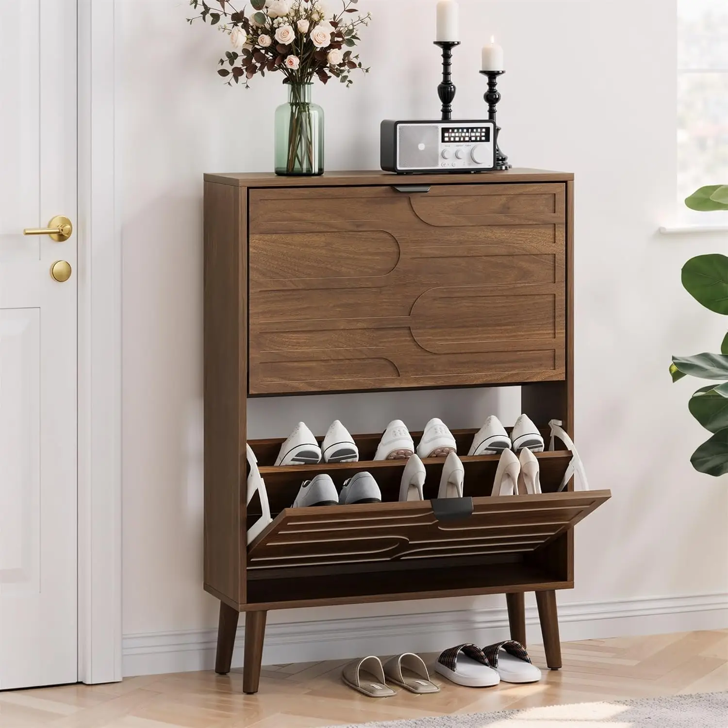 Walnut Shoe Storage Cabinet With 2 Flip Drawers For Entryway,Narrow Shoe Rack Organizer Cabinet With Doors For, Customized
Walnut Shoe Storage Cabinet With 2 Flip Drawers For Entryway,Narrow Shoe Rack Organizer Cabinet With Doors For, Customized
