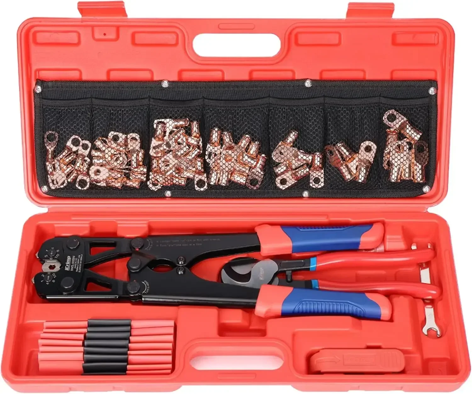 Professional Battery Cable Crimping Tool Kit with 63 Copper Lugs & 25 Heat Shrink Tubes for AWG 8-1/0
Professional Battery Cable Crimping Tool Kit with 63 Copper Lugs & 25 Heat Shrink Tubes for AWG 8-1/0