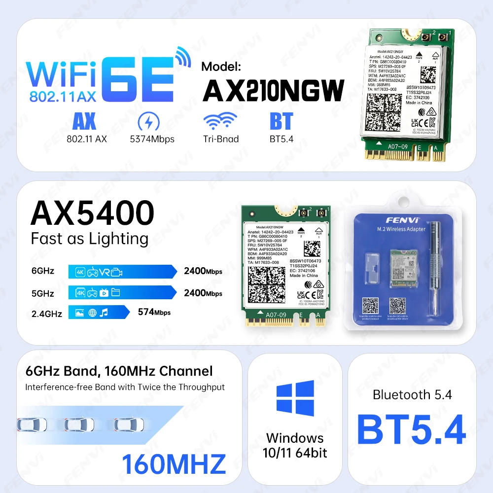 FENVI WiFi 6E AX210 Bluetooth 5.4 M.2 Network Card for Intel AX210NGW Wireless Adapter Tri Band 6G/5G/2.4GHz 5400Mbps Win 10/11
FENVI WiFi 6E AX210 Bluetooth 5.4 M.2 Network Card for Intel AX210NGW Wireless Adapter Tri Band 6G/5G/2.4GHz 5400Mbps Win 10/11