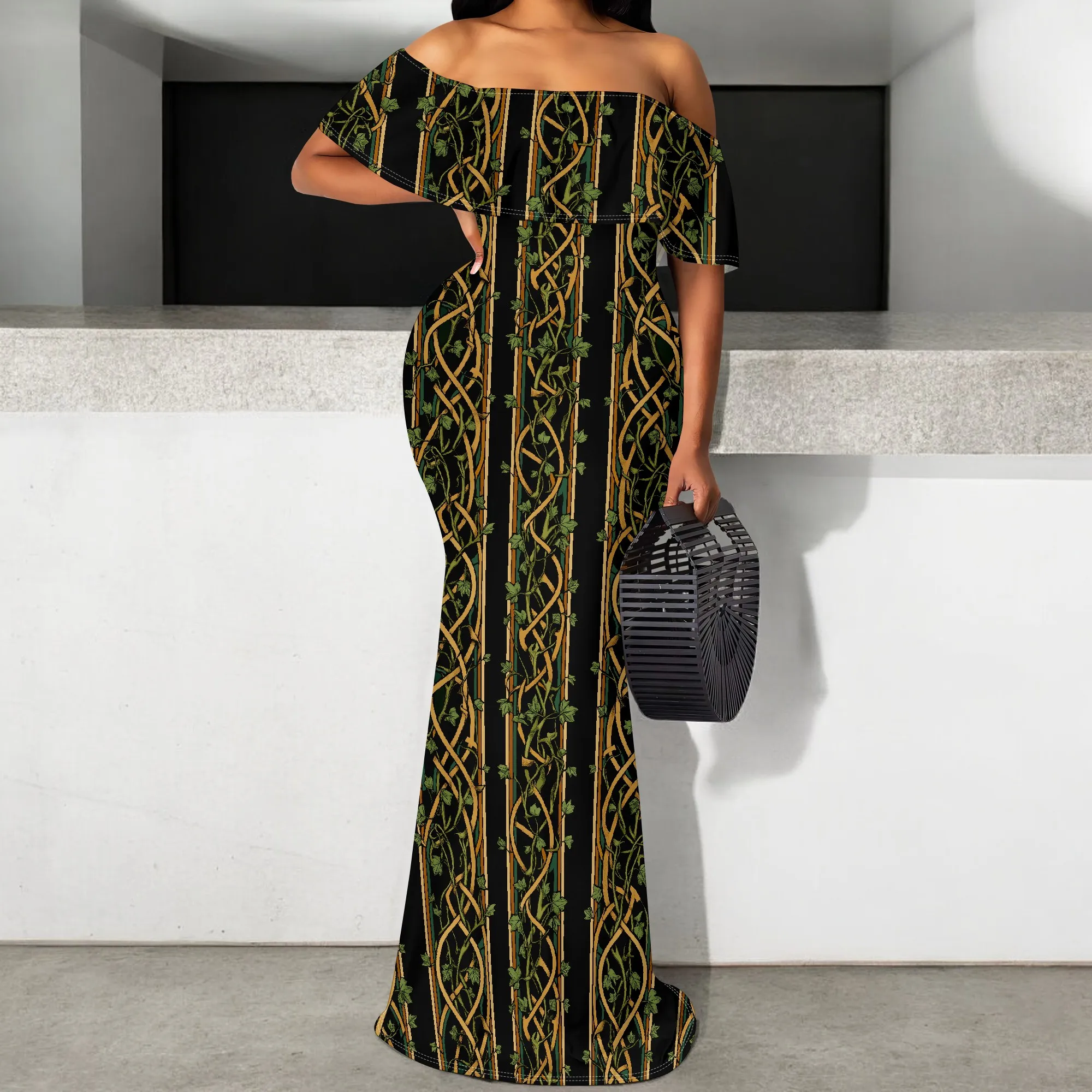 Oriental Bamboo Print Maxi Dress S-3XL Elegant Black Off Shoulder Dress for Church or Cultural Events
Oriental Bamboo Print Maxi Dress S-3XL Elegant Black Off Shoulder Dress for Church or Cultural Events