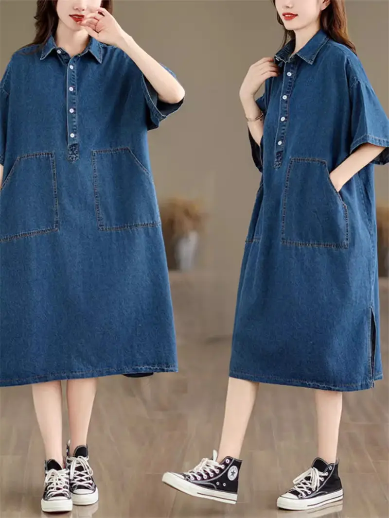 Denim Dresses Women 2024 Summer New Fashion Casual Short Sleeve Versatile Loose Shirt Collar Straight Dress Jeans Vestids K1144
Denim Dresses Women 2024 Summer New Fashion Casual Short Sleeve Versatile Loose Shirt Collar Straight Dress Jeans Vestids K1144