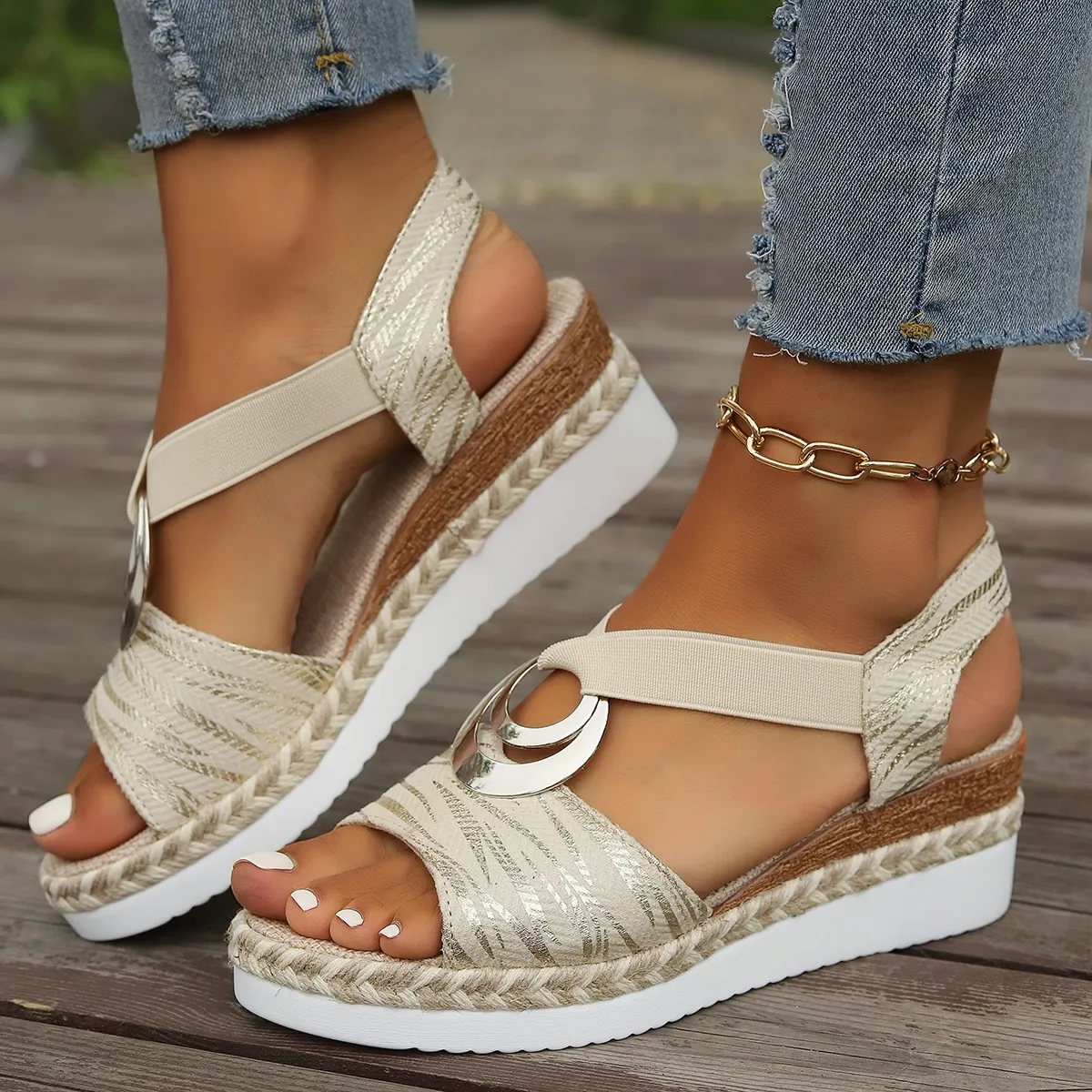 Comfortable Open Toe Wedge Sandals for Women, Metallic Accent & Elastic Strap, Espadrille Style 17 Sab8fab05089e403881c7e6c95e45038cW