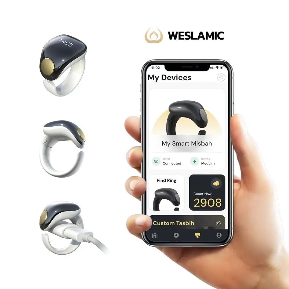 Adjustable Tasbih Counter Zikr Rings Waterproof 3 Size(18/20/22mm) Finger Counter Muslims APP Support Tasbih Zikr Smart Ring