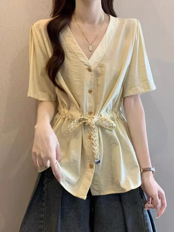 Yellow V-neck Short-sleeved Drawstring Waist Shirt Women's Fashion Spring Summer New Style plus Size Korean Version Commute S...
Yellow V-neck Short-sleeved Drawstring Waist Shirt Women's Fashion Spring Summer New Style plus Size Korean Version Commute S...