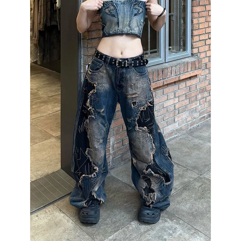 Women Vintage Dark Blue Ripped Jeans Female Harajuku Y2k Baggy Denim Pants Japanese 2000s Oversize Grunge Trousers Clothes 
Women Vintage Dark Blue Ripped Jeans Female Harajuku Y2k Baggy Denim Pants Japanese 2000s Oversize Grunge Trousers Clothes