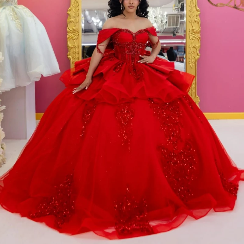 Red Shiny Ball Gown Quinceanera Dresses Sequin Applique Lace Beading Crystal Tiered Tull Corset Off The Shoulder Sweet 16 dress
Red Shiny Ball Gown Quinceanera Dresses Sequin Applique Lace Beading Crystal Tiered Tull Corset Off The Shoulder Sweet 16 dress