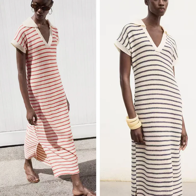 2026 New Women Summer Knit Breathable Long Dress Loose Lapel Short Sleeve Elegant V Neck Striped Fashion Casual Maxi Dress
2026 New Women Summer Knit Breathable Long Dress Loose Lapel Short Sleeve Elegant V Neck Striped Fashion Casual Maxi Dress