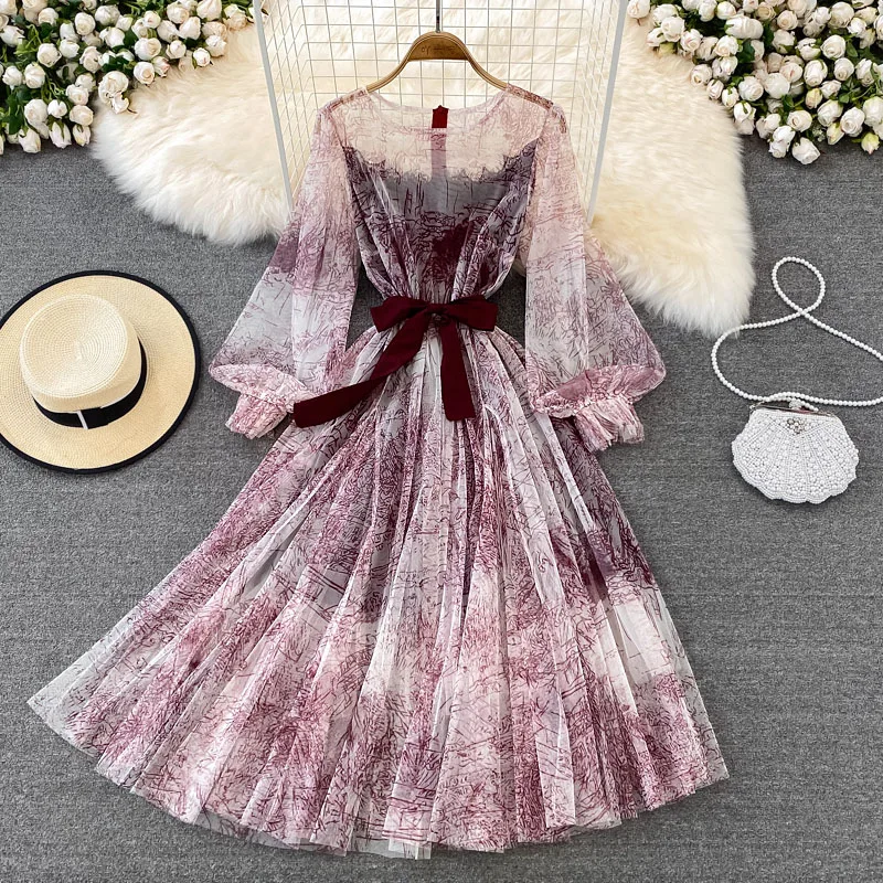 Sexy Mesh Printed Dress Women Spring Autumn Round Neck Puff Long Sleeve Ink Pattern A-Line Big Swing Vestidos Female 2022 New
Sexy Mesh Printed Dress Women Spring Autumn Round Neck Puff Long Sleeve Ink Pattern A-Line Big Swing Vestidos Female 2022 New
