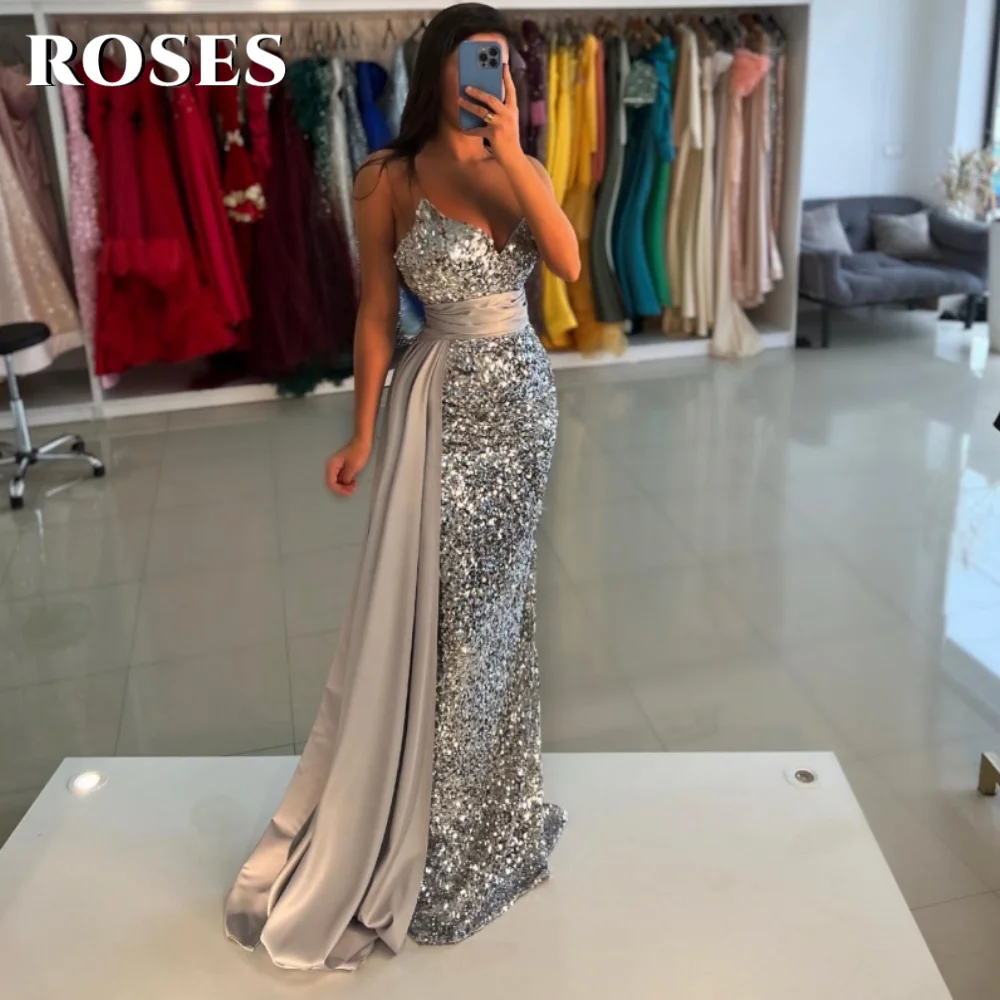 ROSES Glitter Silver Sleeveless Prom Gown with Sequins Pleats and Trumpet Sweetheart Party Dresses for Formal Event Customized
ROSES Glitter Silver Sleeveless Prom Gown with Sequins Pleats and Trumpet Sweetheart Party Dresses for Formal Event Customized
