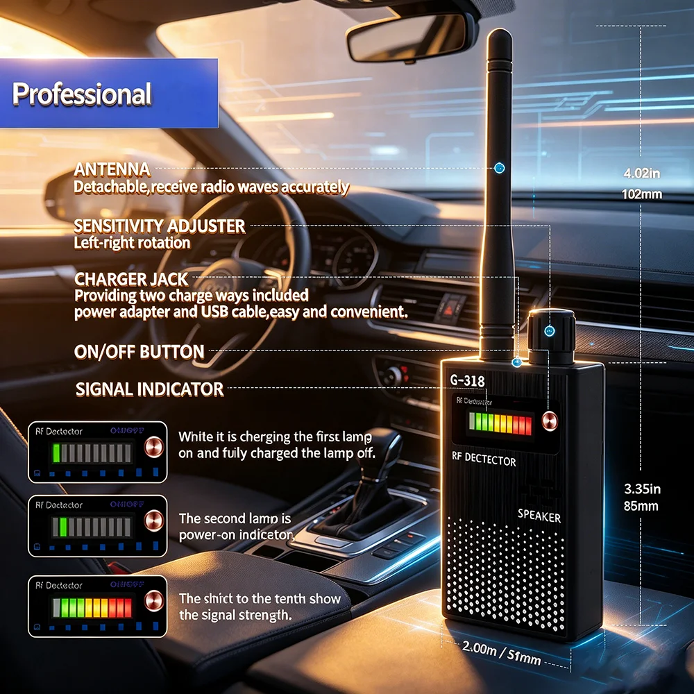 Professional G318 Anti Spy Wireless RF Signal Detector, Hidden Camera Finder, GPS Locator Tracker, GSM Audio Bug Scanner
Professional G318 Anti Spy Wireless RF Signal Detector, Hidden Camera Finder, GPS Locator Tracker, GSM Audio Bug Scanner
