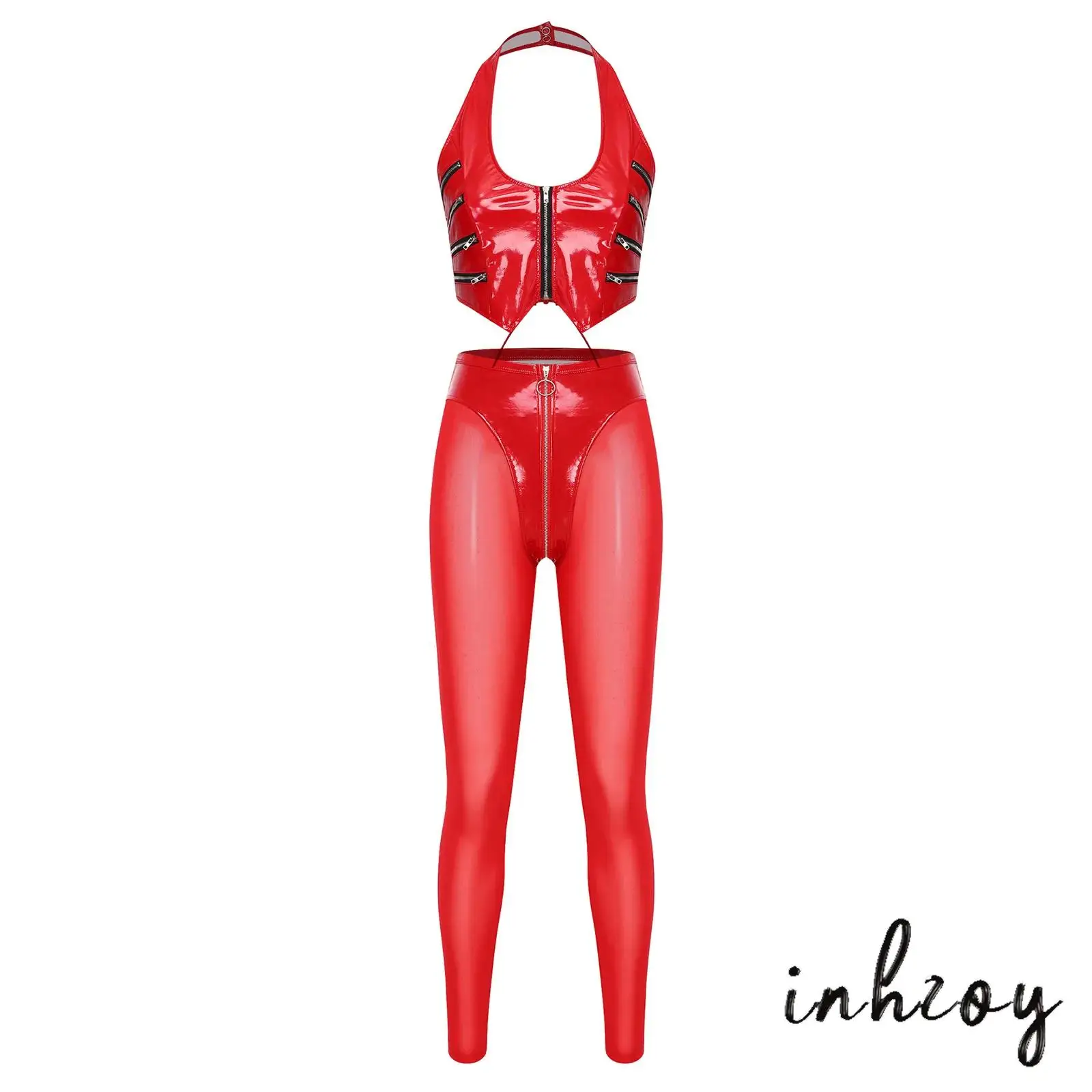 Women Glossy PU Leather Outfit Multi-zip Details Back Lace-up Halter Crop Top+Sheer Mesh Legs High Waist Leggings Y2k Clubwear
Women Glossy PU Leather Outfit Multi-zip Details Back Lace-up Halter Crop Top+Sheer Mesh Legs High Waist Leggings Y2k Clubwear