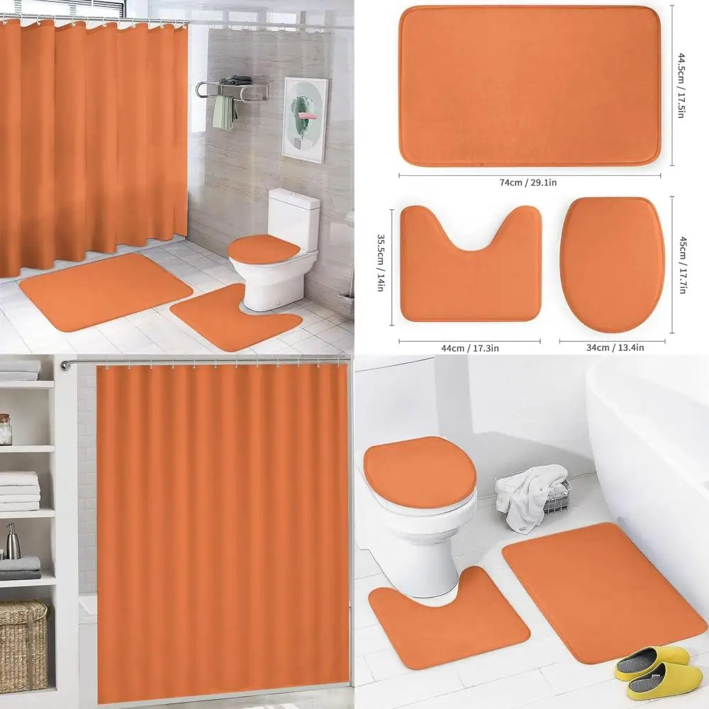 Комплект занавесок для душа из оранжевого манго с нескользящими ковриками, чехлом на сиденье унитаза и U-образным ковриком для ванной.
Комплект занавесок для душа из оранжевого манго с нескользящими ковриками, чехлом на сиденье унитаза и U-образным ковриком для ванной.