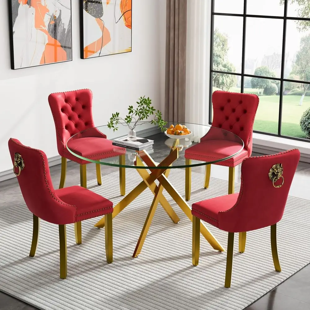 5-Piece Round Glass Dining Set or 47 Gold Glass Table with Wine Red Velvet Chairs
5-Piece Round Glass Dining Set or 47 Gold Glass Table with Wine Red Velvet Chairs