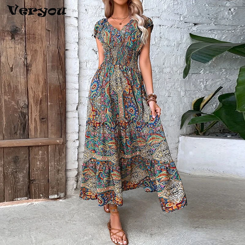 2023 Vintage Print Long Dress Women Summer V Neck Sexy Short Sleeve Elegant Elastic Waist A-line Maxi Dresses For Women
2023 Vintage Print Long Dress Women Summer V Neck Sexy Short Sleeve Elegant Elastic Waist A-line Maxi Dresses For Women