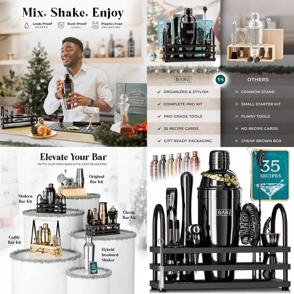 Набор для приготовления коктейлей из 14 предметов с 35 рецептами | Набор для домашнего бармена | Шейкер для коблера 24 унции | Чёрный
Набор для приготовления коктейлей из 14 предметов с 35 рецептами | Набор для домашнего бармена | Шейкер для коблера 24 унции | Чёрный