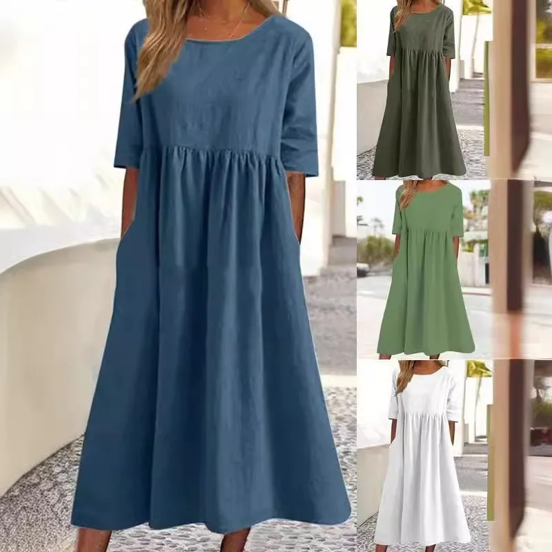 Summer New Women's Cotton Linen Casual Short Sleeve Pocket Pleated Loose round Neck Dress Cleanfit Style H Version for Middle...
Summer New Women's Cotton Linen Casual Short Sleeve Pocket Pleated Loose round Neck Dress Cleanfit Style H Version for Middle...