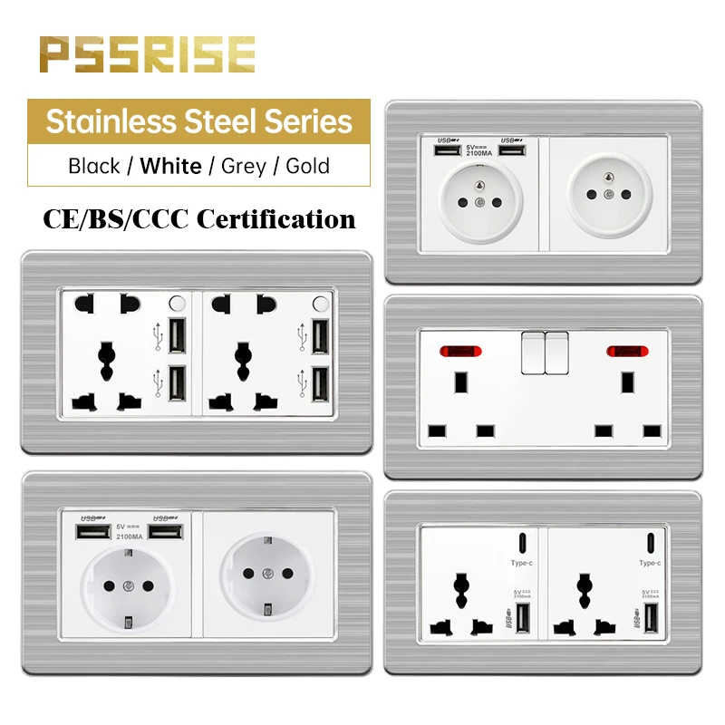 French EU UK Standard Wall Switch Socket with DC 5V 2.1A USB Type-c Charger White Stainless Steel Panel Power Outlet 146*86mm
French EU UK Standard Wall Switch Socket with DC 5V 2.1A USB Type-c Charger White Stainless Steel Panel Power Outlet 146*86mm