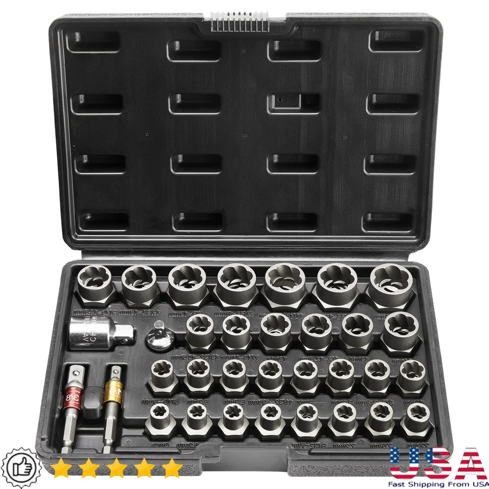 29-Piece Bolt Extractor Socket Wrench Set Cr-Mo Steel Fits 3/8 Inch 1/4 Inch Tools Rusty Stuck Nuts
29-Piece Bolt Extractor Socket Wrench Set Cr-Mo Steel Fits 3/8 Inch 1/4 Inch Tools Rusty Stuck Nuts