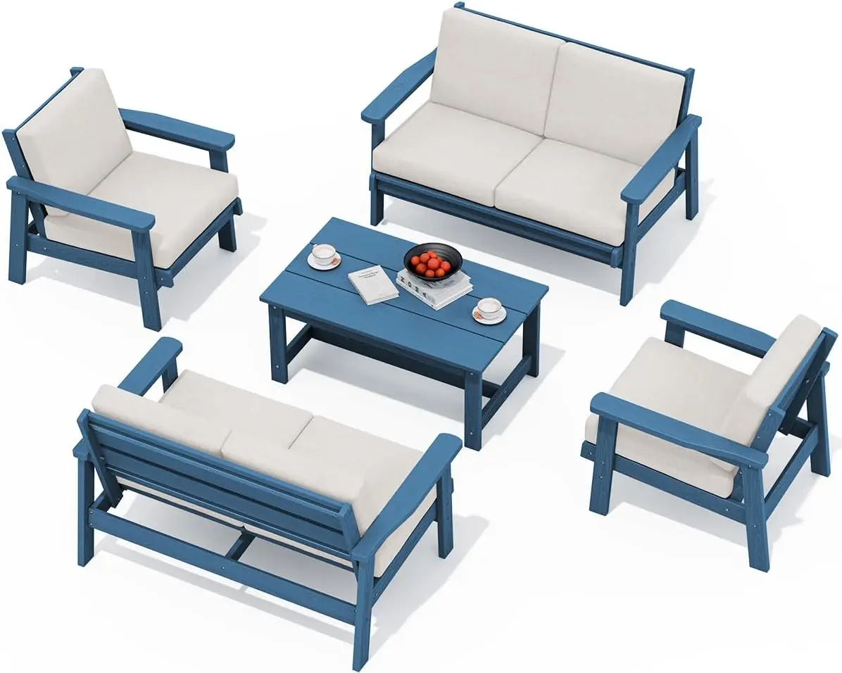 Outdoor Furniture Set 5 Piece, All Weather Wood-Like Outdoor Sofa Sectional Couch, Blue Patio Furniture Set with Khaki Cushions
Outdoor Furniture Set 5 Piece, All Weather Wood-Like Outdoor Sofa Sectional Couch, Blue Patio Furniture Set with Khaki Cushions