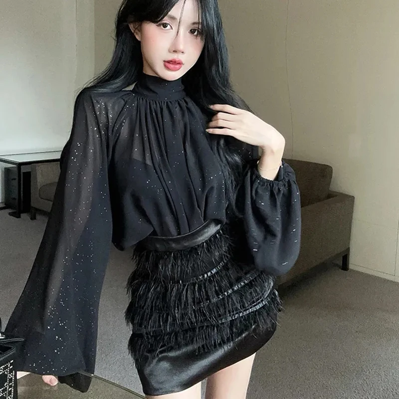 Весенняя шифоновая блузка в стиле преппи для женщин, черная, сексуальная, прозрачная, с длинным рукавом, плиссированная, свободная, повседневная, в корейском стиле, модный топ
Весенняя шифоновая блузка в стиле преппи для женщин, черная, сексуальная, прозрачная, с длинным рукавом, плиссированная, свободная, повседневная, в корейском стиле, модный топ