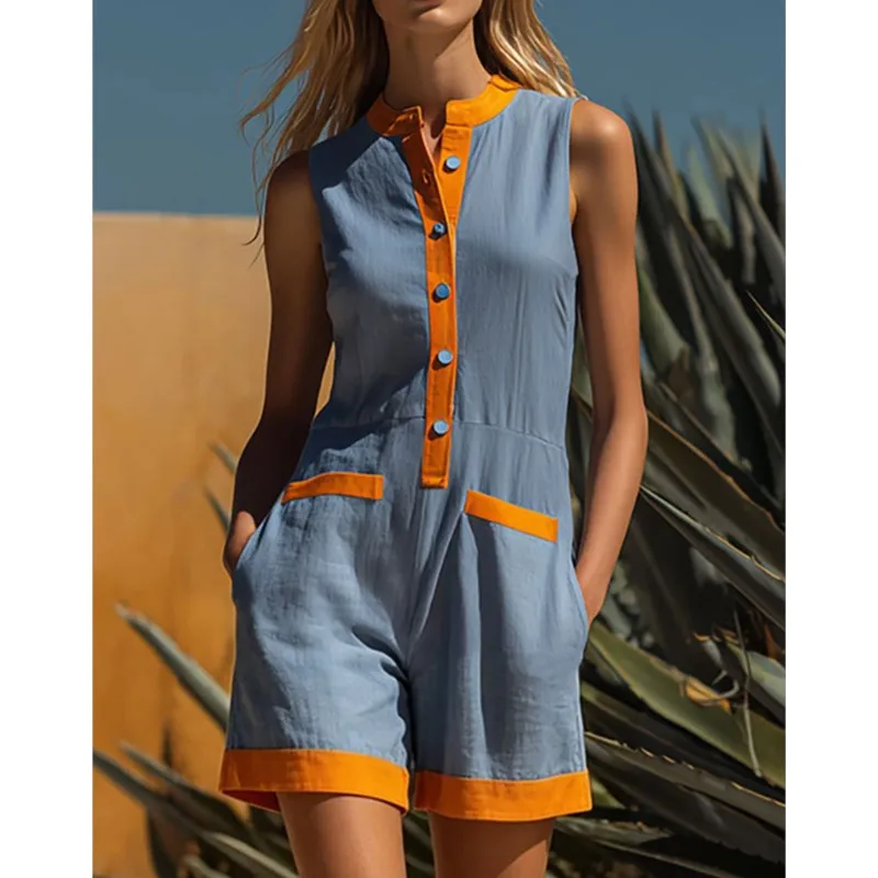 Summer Women's Spliced jumpsuit Fashion New Stand Collar Sleeveless Shorts Loose Resort Style Casual Jumpsuit Women Clothing
Summer Women's Spliced jumpsuit Fashion New Stand Collar Sleeveless Shorts Loose Resort Style Casual Jumpsuit Women Clothing