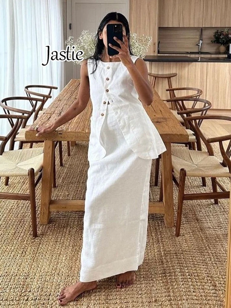 Jastie 2024 Summer New Cotton Two Piece Set Women's Outfit Elegant Sleeveless Tops + High Waist Long Skirts Sets Female Suit
Jastie 2024 Summer New Cotton Two Piece Set Women's Outfit Elegant Sleeveless Tops + High Waist Long Skirts Sets Female Suit