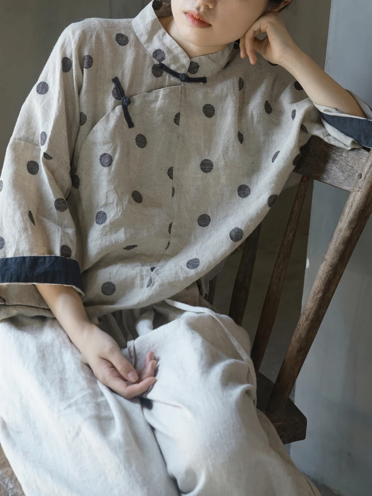 Shirt Long Sleeve Stand Collar Pullover Women's Linen Retro Contrast Color Polka Dot Diagonal Top New Chinese LooseVersionAutumn
Shirt Long Sleeve Stand Collar Pullover Women's Linen Retro Contrast Color Polka Dot Diagonal Top New Chinese LooseVersionAutumn