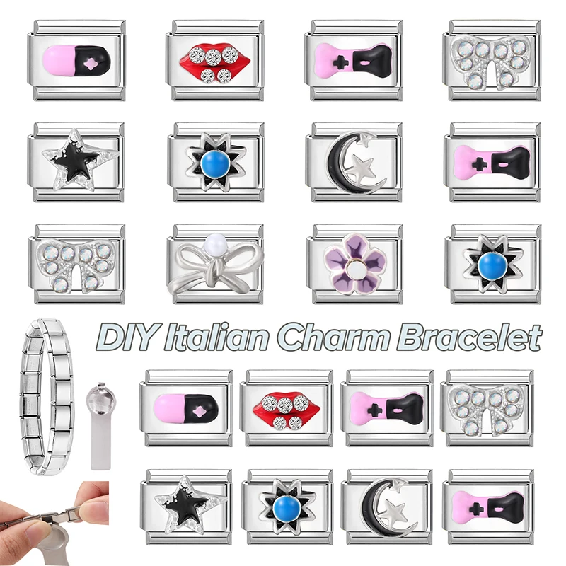 New Fashion Y2K Zircon Bow Knot Star Moon Lips Bone Italian Charm Links Fit 9MM Stainless Steel Bracelet Women DIY Making Gifts
New Fashion Y2K Zircon Bow Knot Star Moon Lips Bone Italian Charm Links Fit 9MM Stainless Steel Bracelet Women DIY Making Gifts